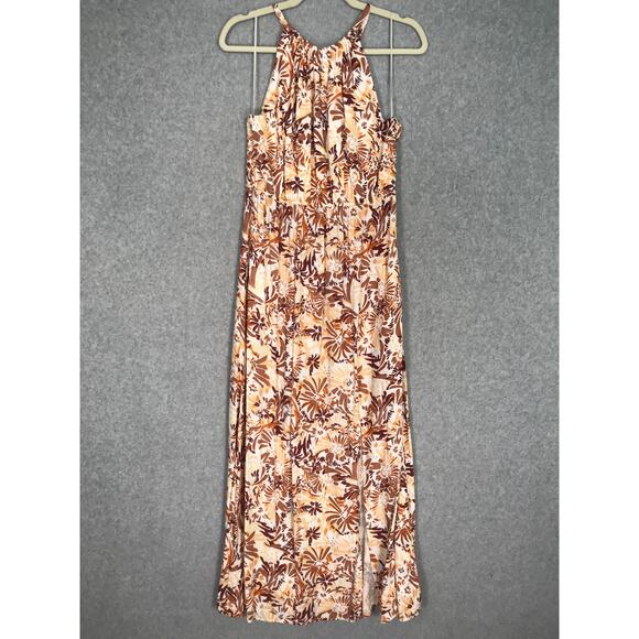 Joie Dress Medium Brown Floral Halter‎ Maxi Pleated Slit Neutral Sundress Resort - Picture 1 of 13